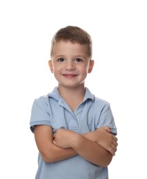 Portrait of cute little boy on white background