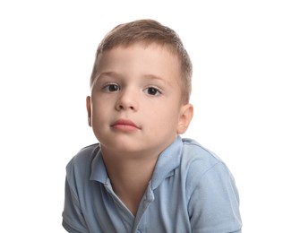 Photo of Portrait of cute little boy on white background