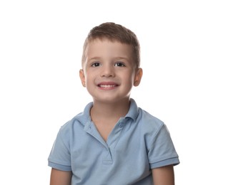 Portrait of cute little boy on white background