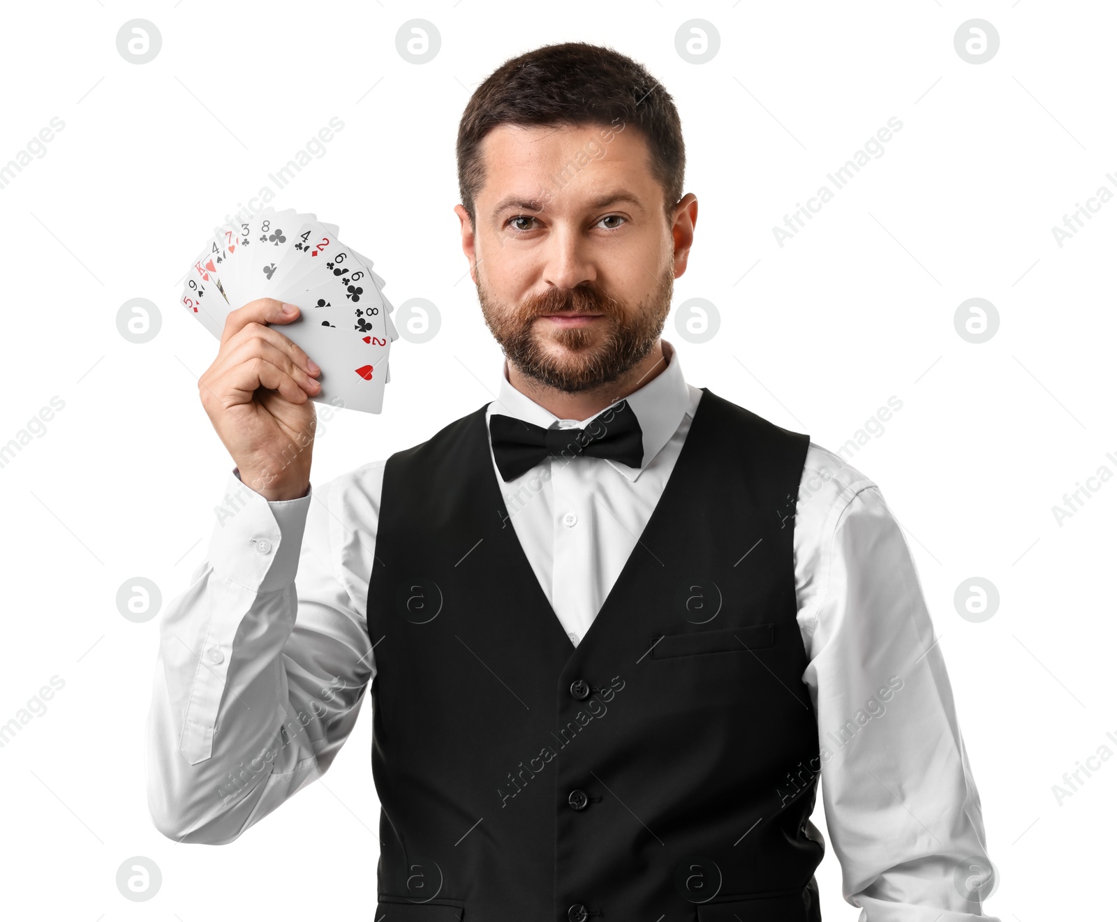 Photo of Professional croupier with playing cards on white background