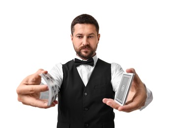 Photo of Professional croupier shuffling cards on white background