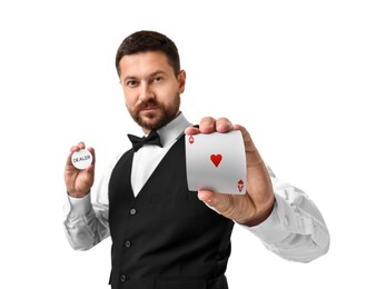 Photo of Croupier holding card and dealer button on white background