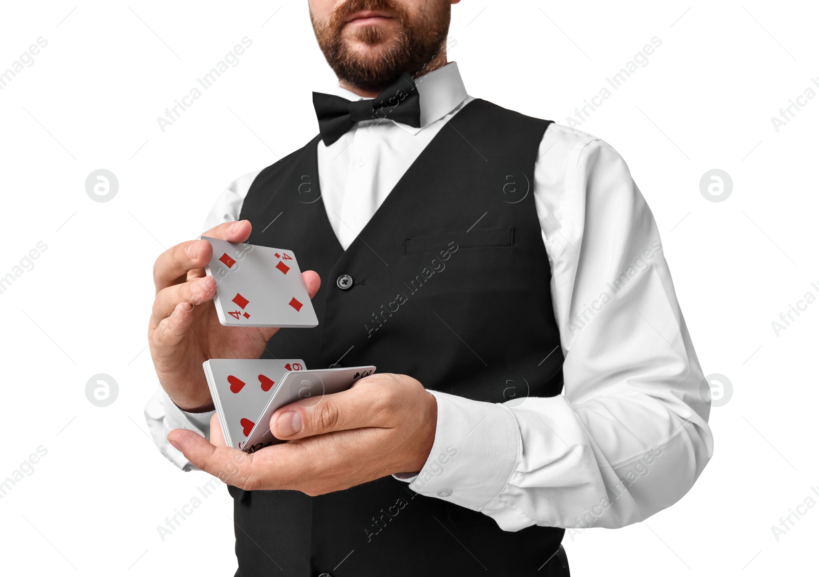 Photo of Professional croupier shuffling cards on white background, closeup