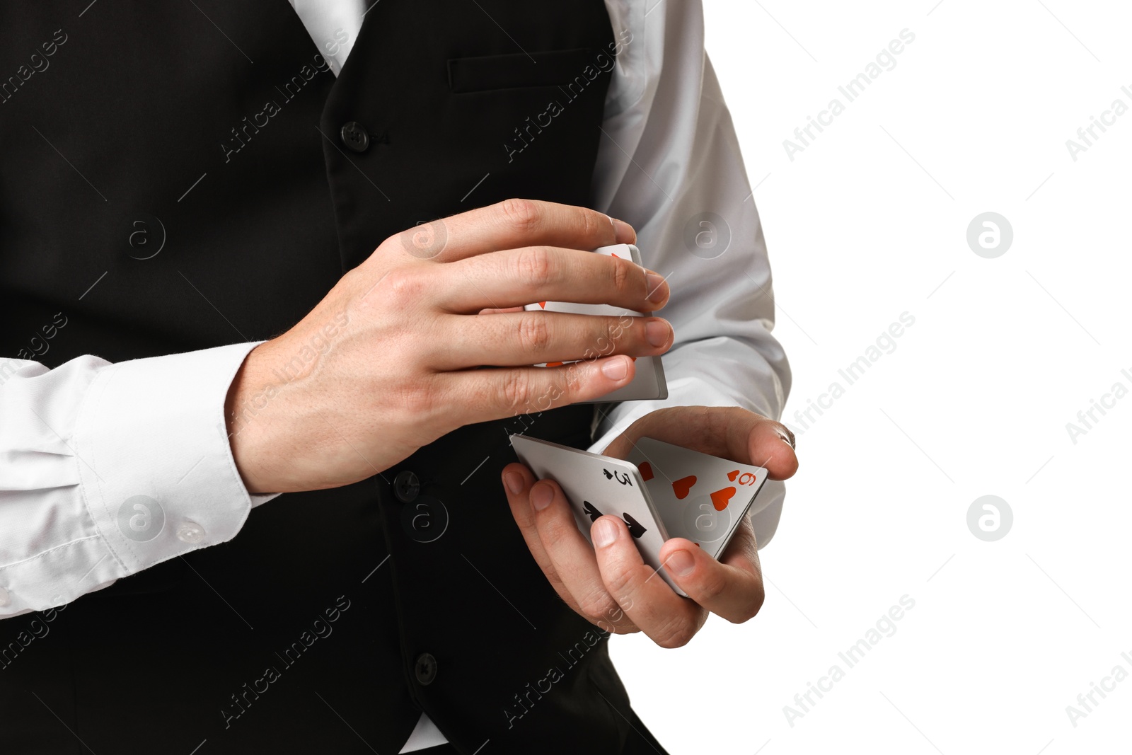 Photo of Professional croupier shuffling cards on white background, closeup