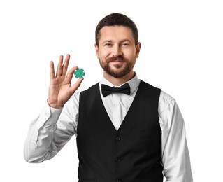 Croupier with casino chip on white background