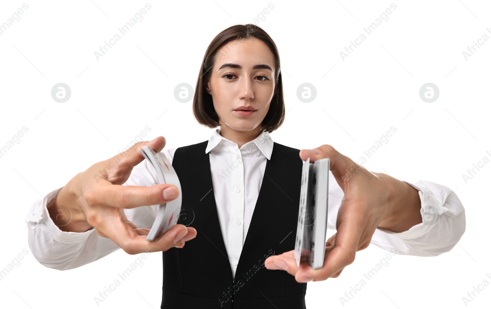 Photo of Professional croupier shuffling cards on white background