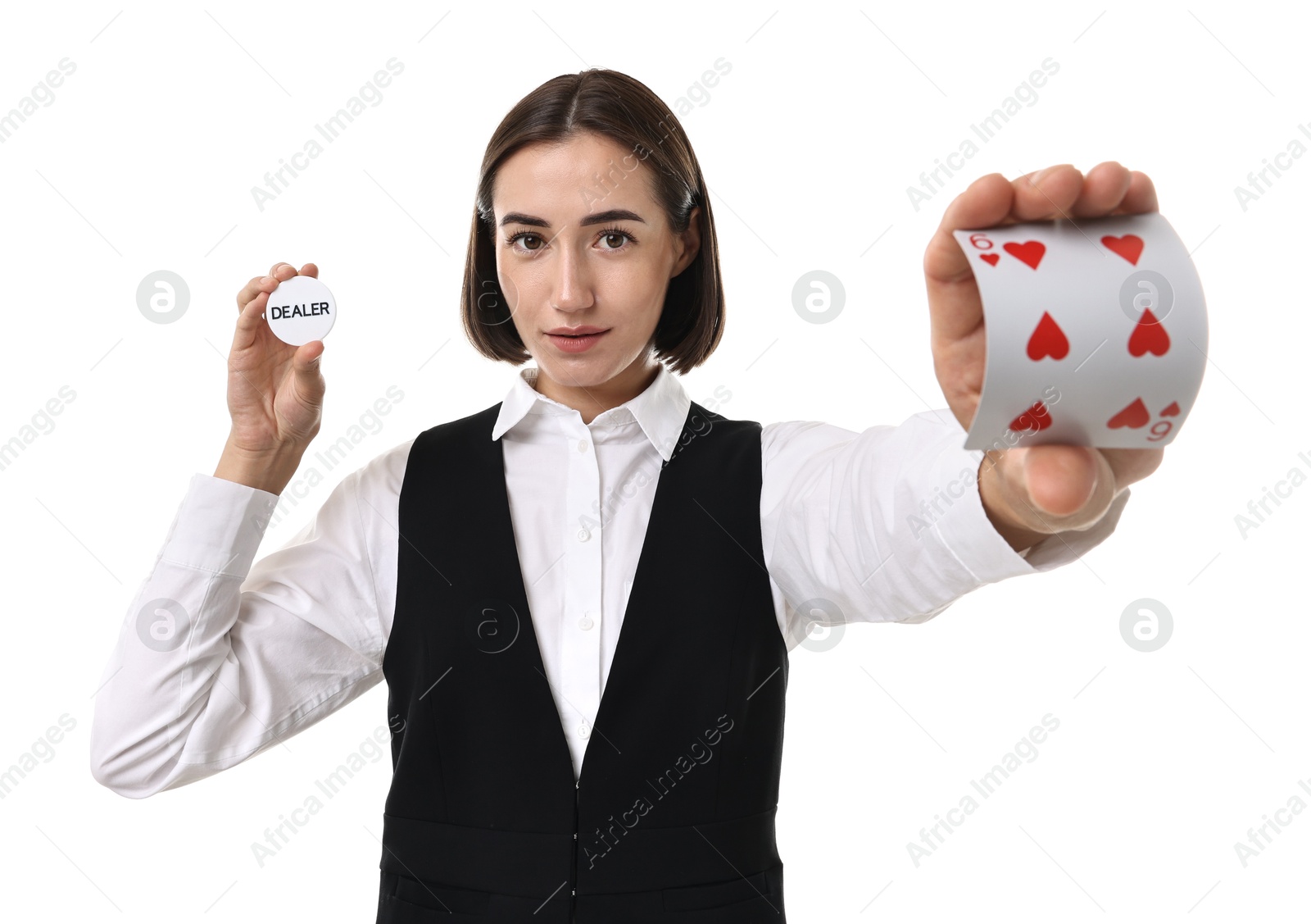 Photo of Professional croupier with cards and dealer button on white background