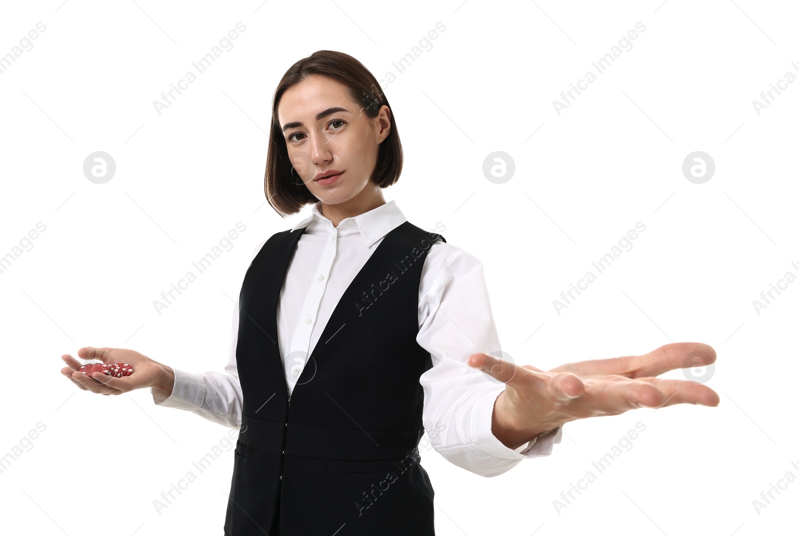 Photo of Professional croupier with casino chips on white background