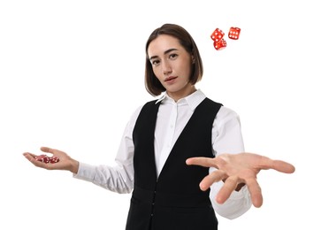 Professional croupier with dice and casino chips on white background