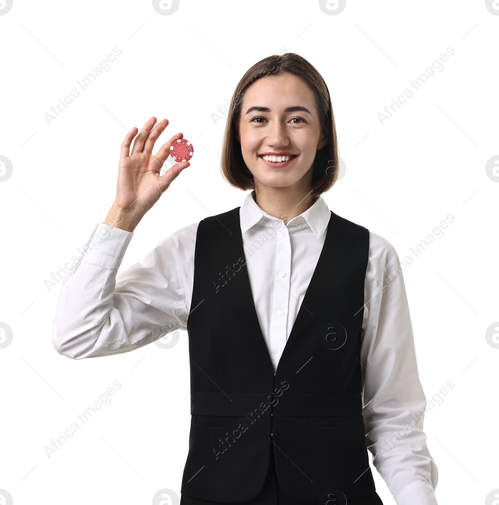 Photo of Professional croupier with casino chip on white background