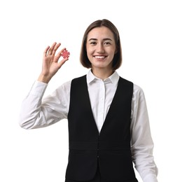 Professional croupier with casino chip on white background