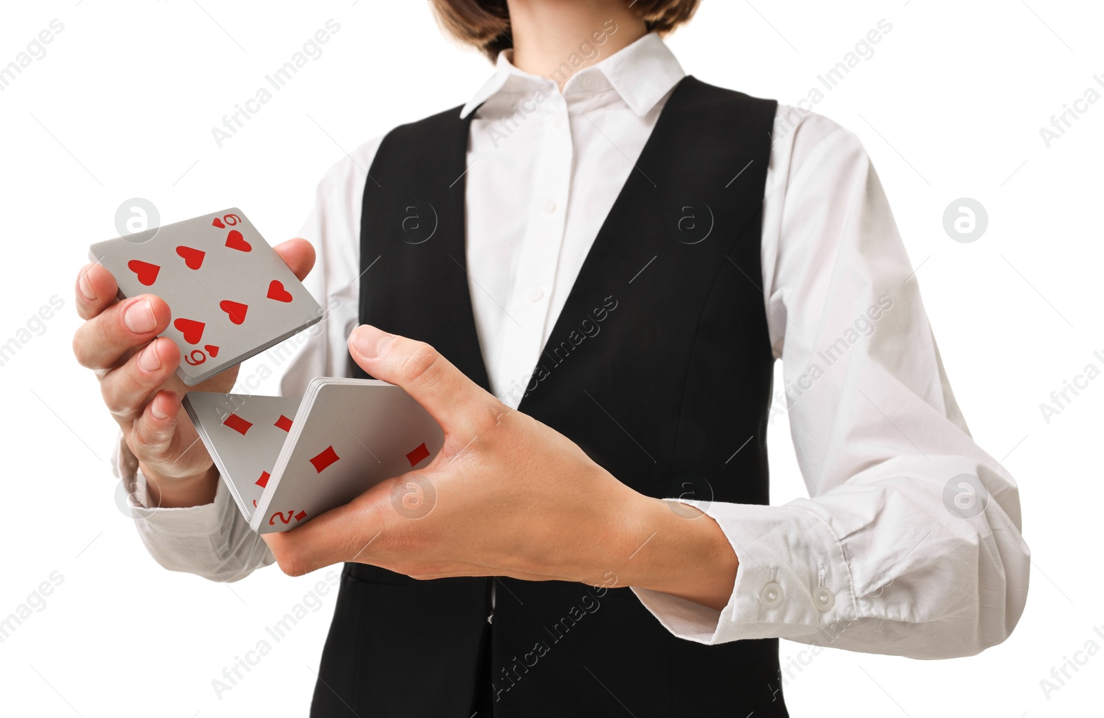 Photo of Professional croupier shuffling cards on white background, closeup