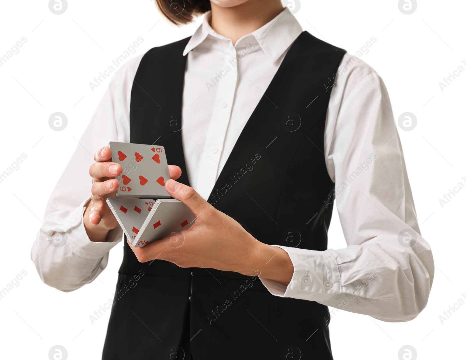 Photo of Professional croupier shuffling cards on white background, closeup