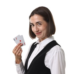 Professional croupier with playing cards on white background