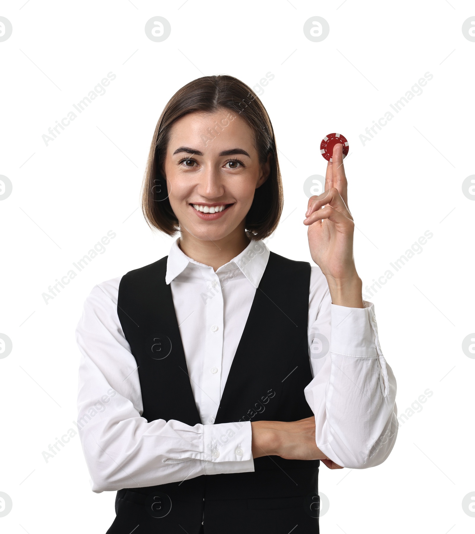 Photo of Professional croupier with casino chip on white background