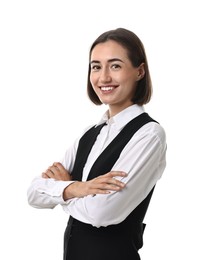 Portrait of professional croupier on white background