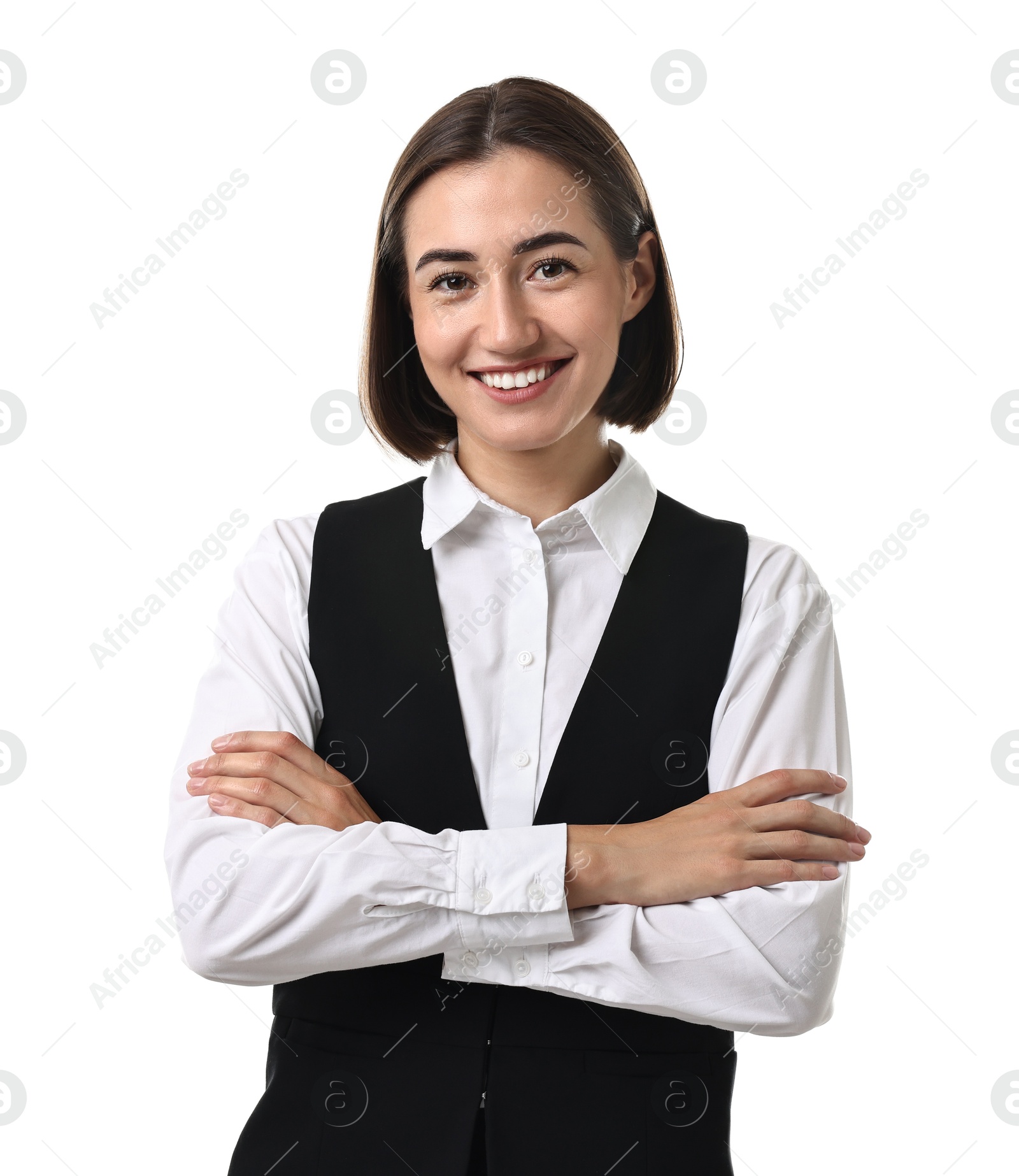 Photo of Portrait of professional croupier on white background