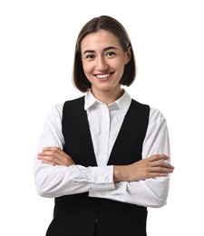 Portrait of professional croupier on white background