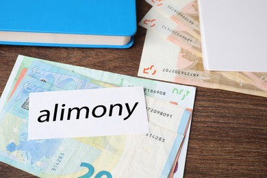 Photo of Alimony. Euro banknotes, blank card and notebook on wooden table, closeup