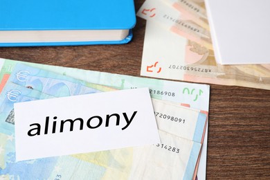 Photo of Alimony. Euro banknotes, blank card and notebook on wooden table, closeup