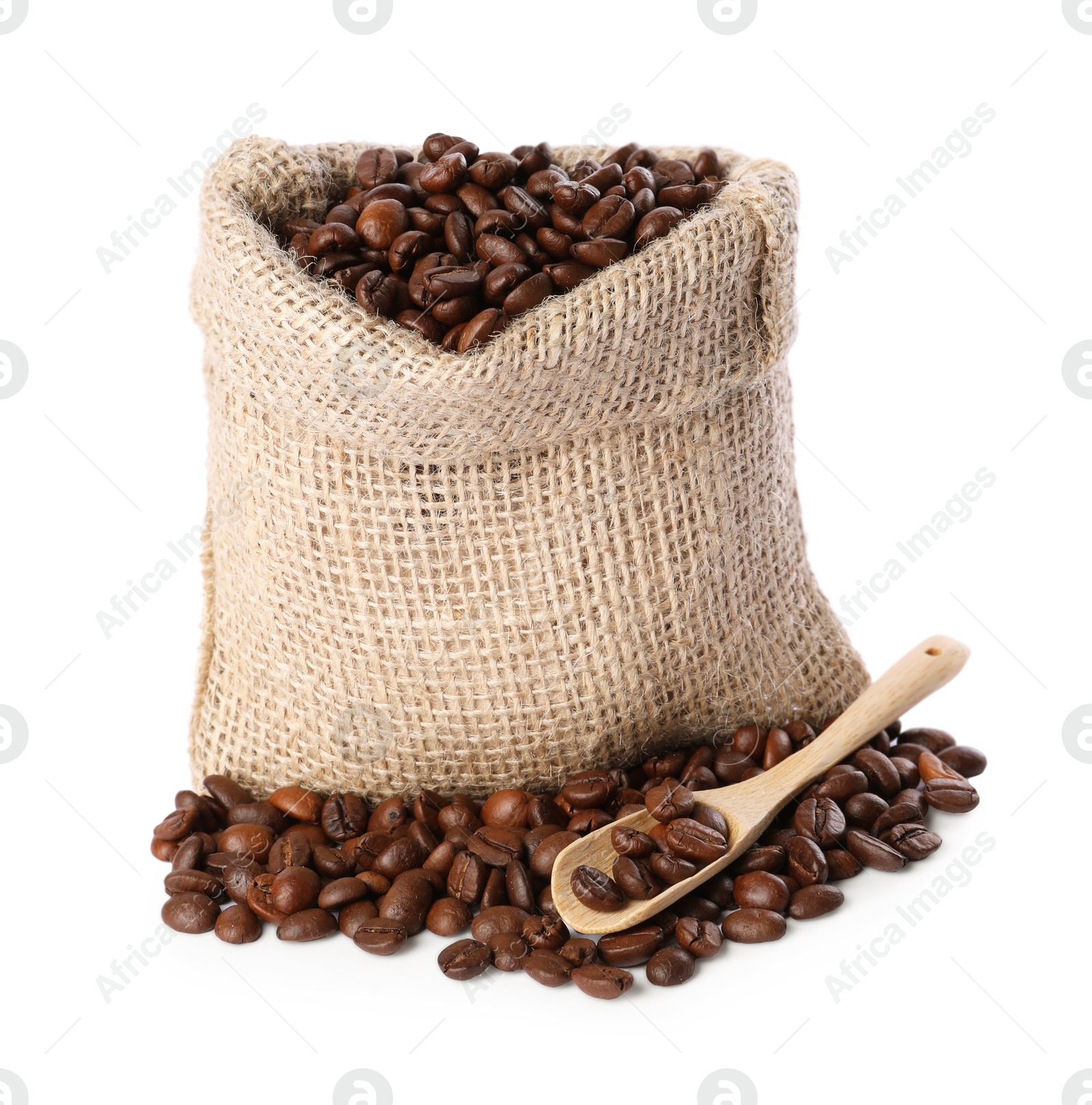 Photo of Burlap sack with coffee beans and scoop isolated on white