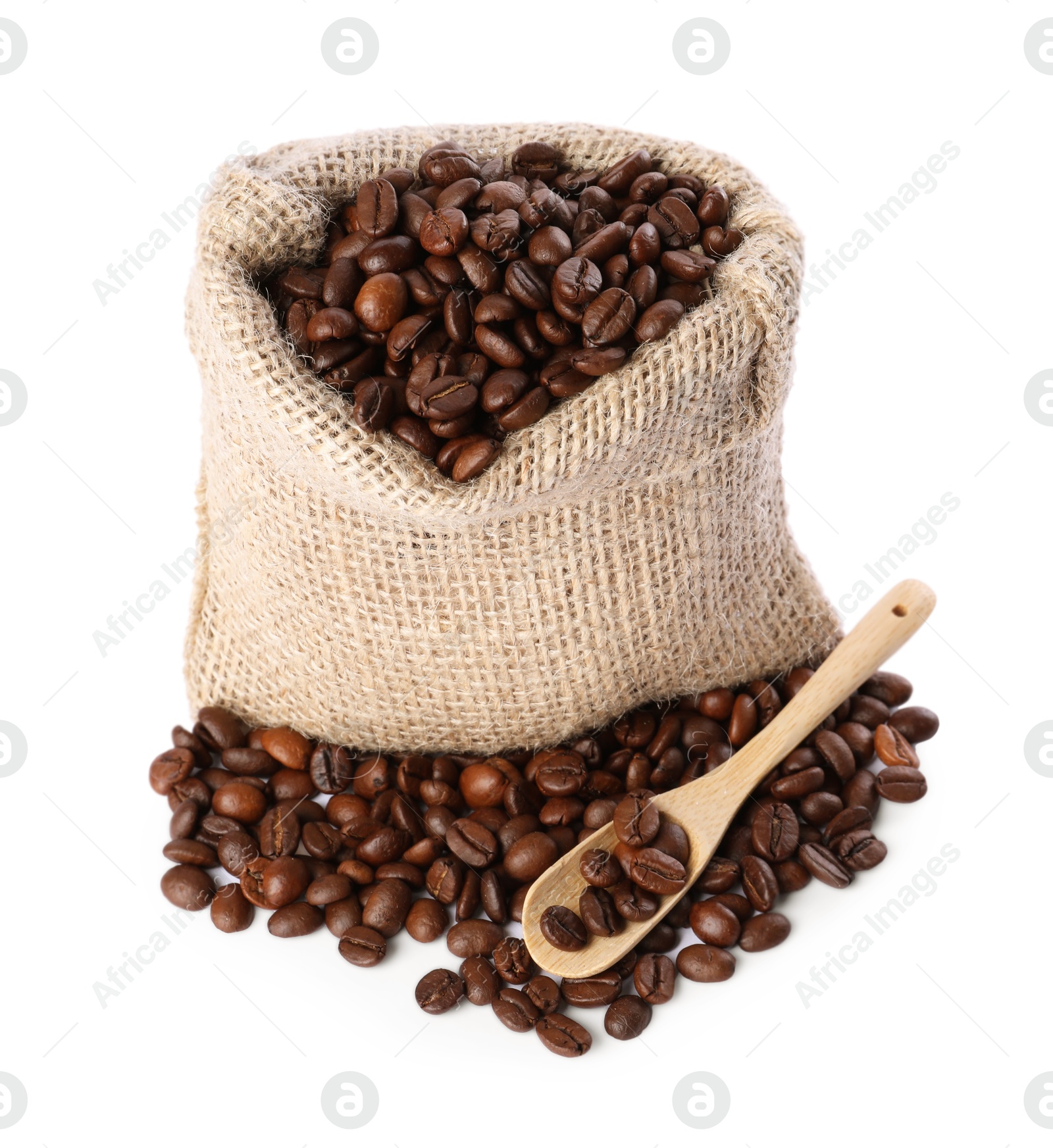 Photo of Burlap sack with coffee beans and scoop isolated on white