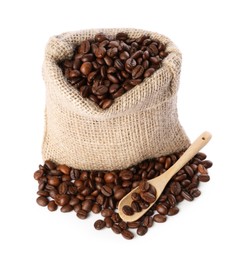 Burlap sack with coffee beans and scoop isolated on white