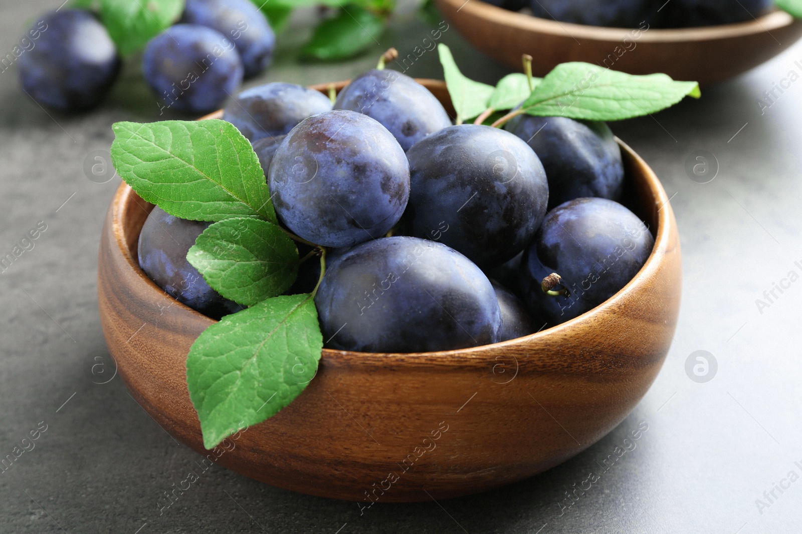 Photo of Tasty ripe plums and leaves in bowl on grey table, closeup