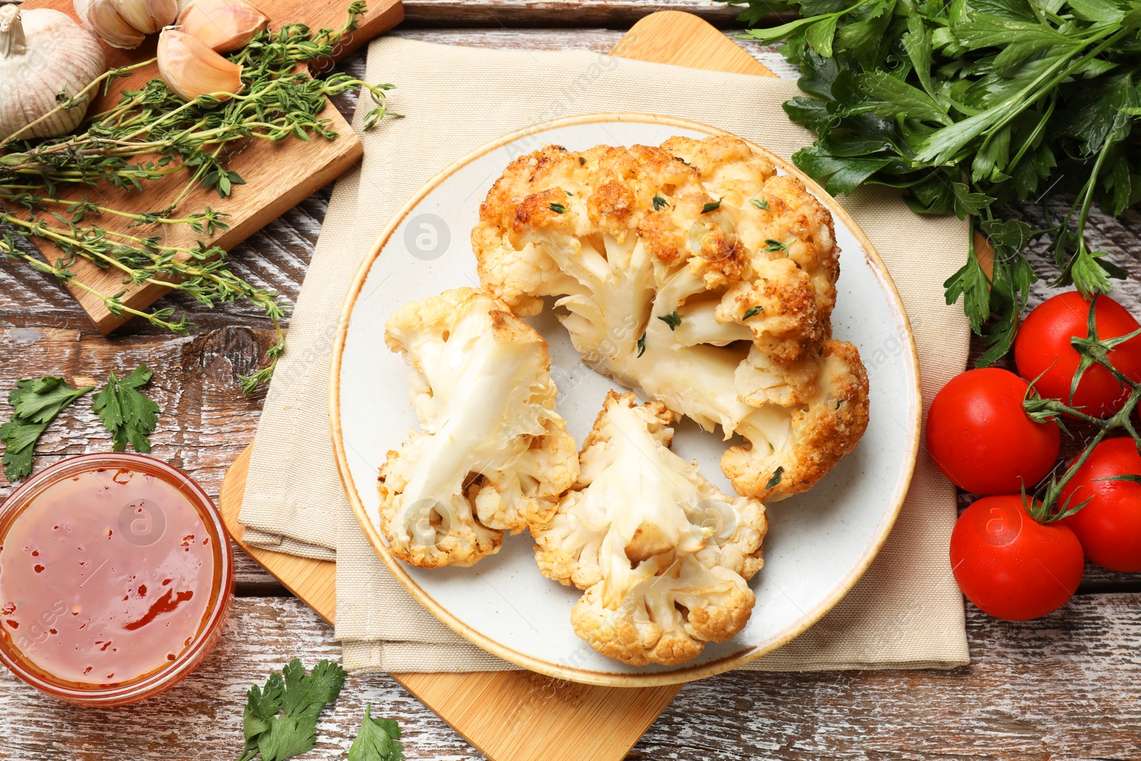 Photo of Plate with tasty baked cauliflower, sauce and products on wooden table, flat lay