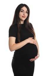 Photo of Portrait of beautiful pregnant woman on white background