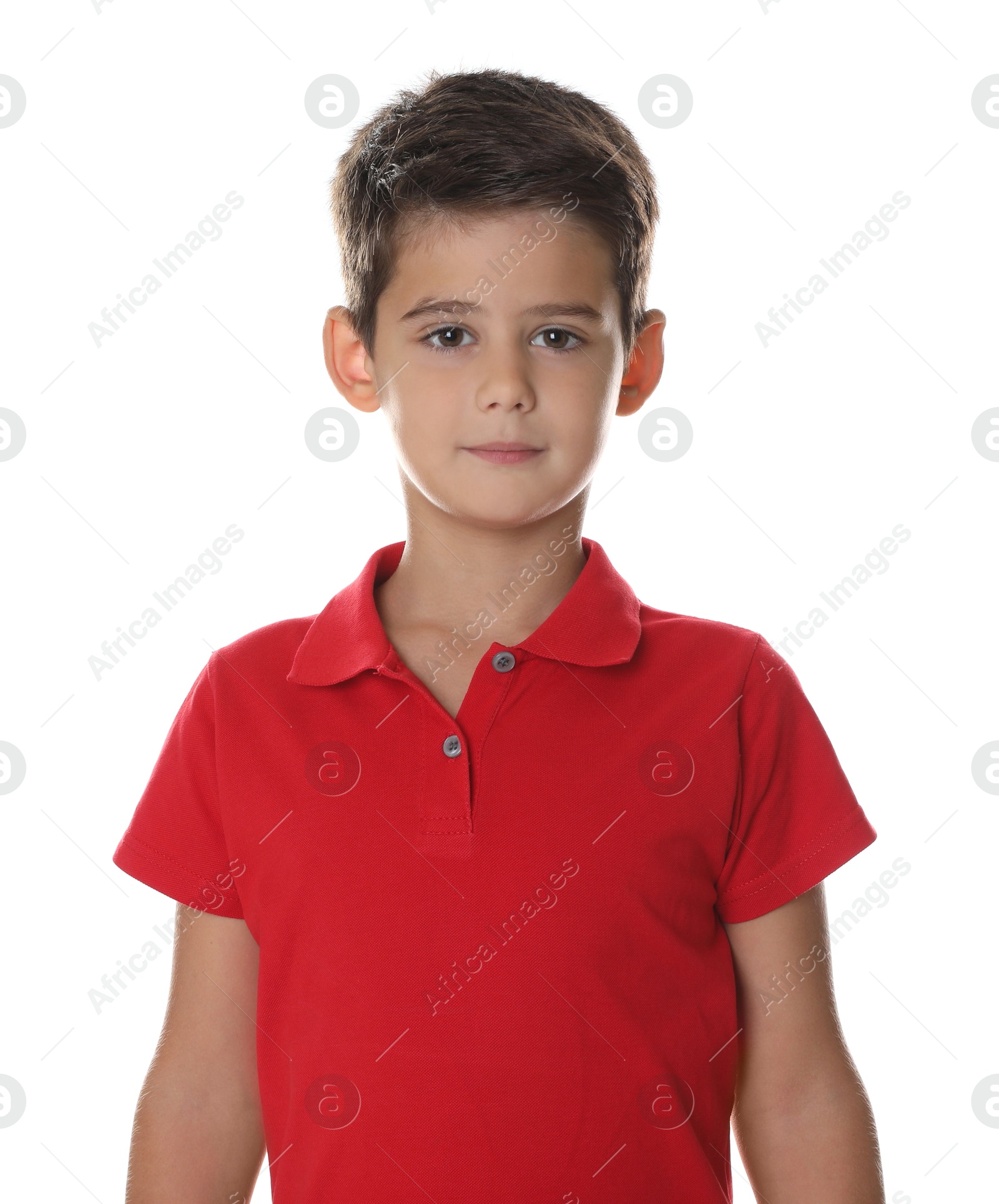 Photo of Portrait of cute little boy on white background