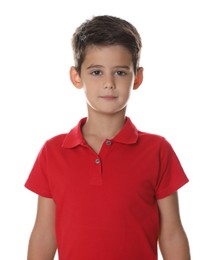 Portrait of cute little boy on white background