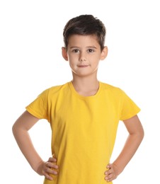 Photo of Portrait of cute little boy on white background