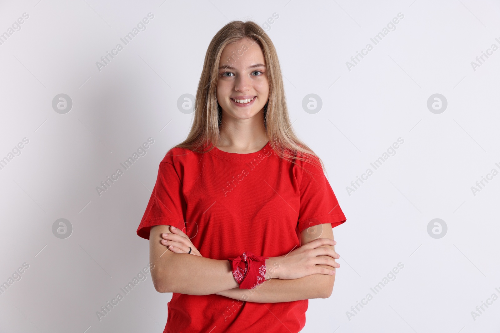 Photo of Portrait of teenage girl on white background