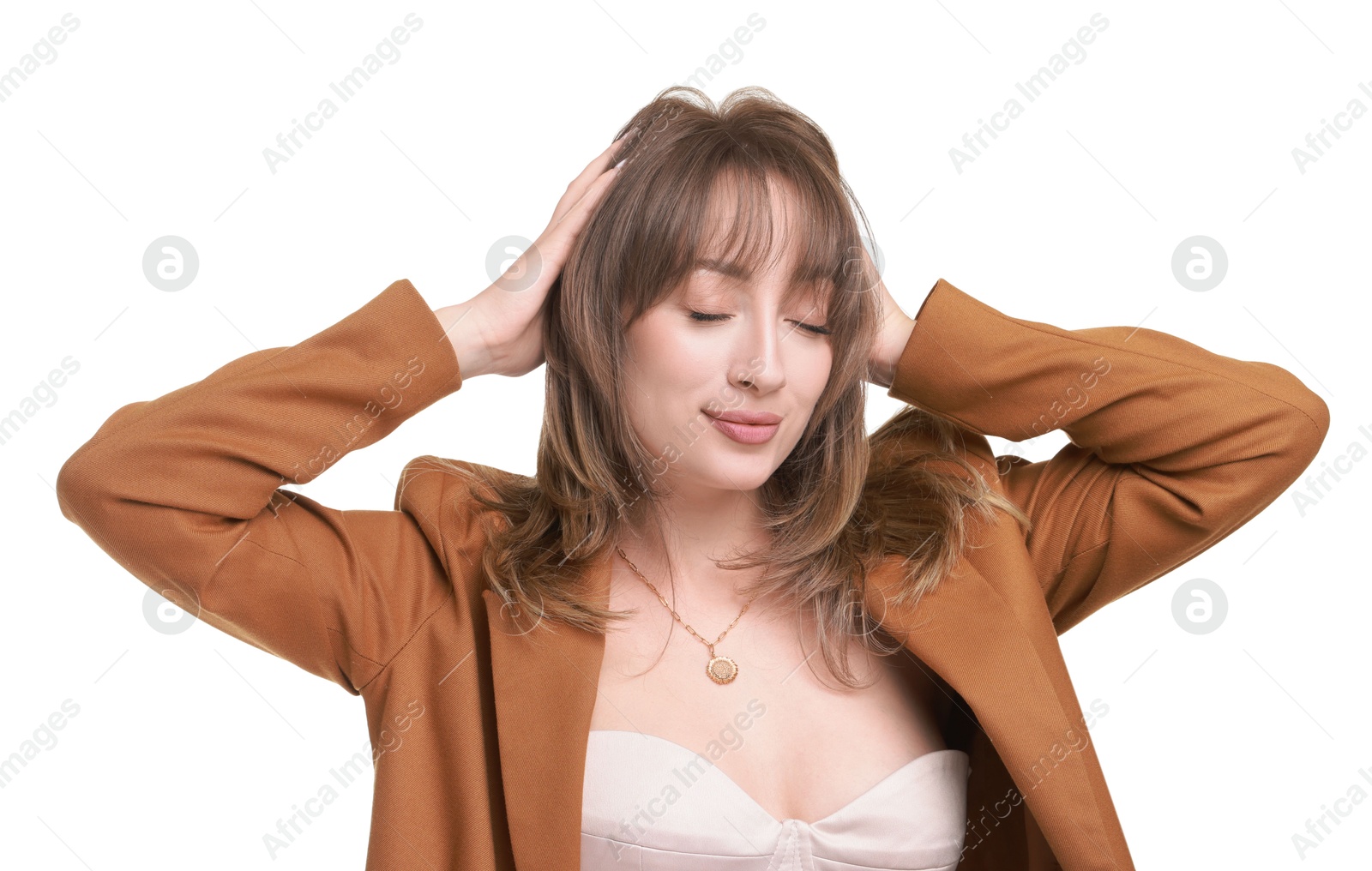 Photo of Attractive woman with stylish haircut on white background