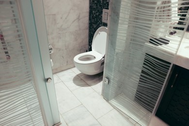 Ceramic toilet bowl and shower stall in bathroom