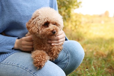 Woman with cute dog outdoors, closeup. Space for text