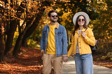 Beautiful couple walking together in autumn park