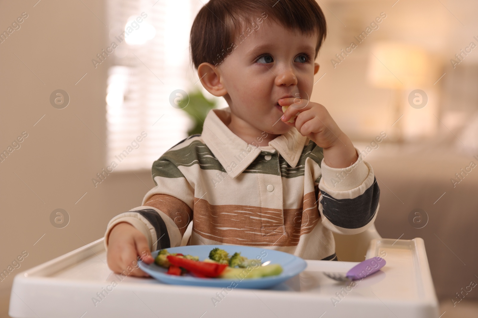 Photo of Cute little baby eating healthy food in high chair at home