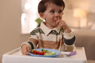 Cute little baby eating healthy food in high chair at home