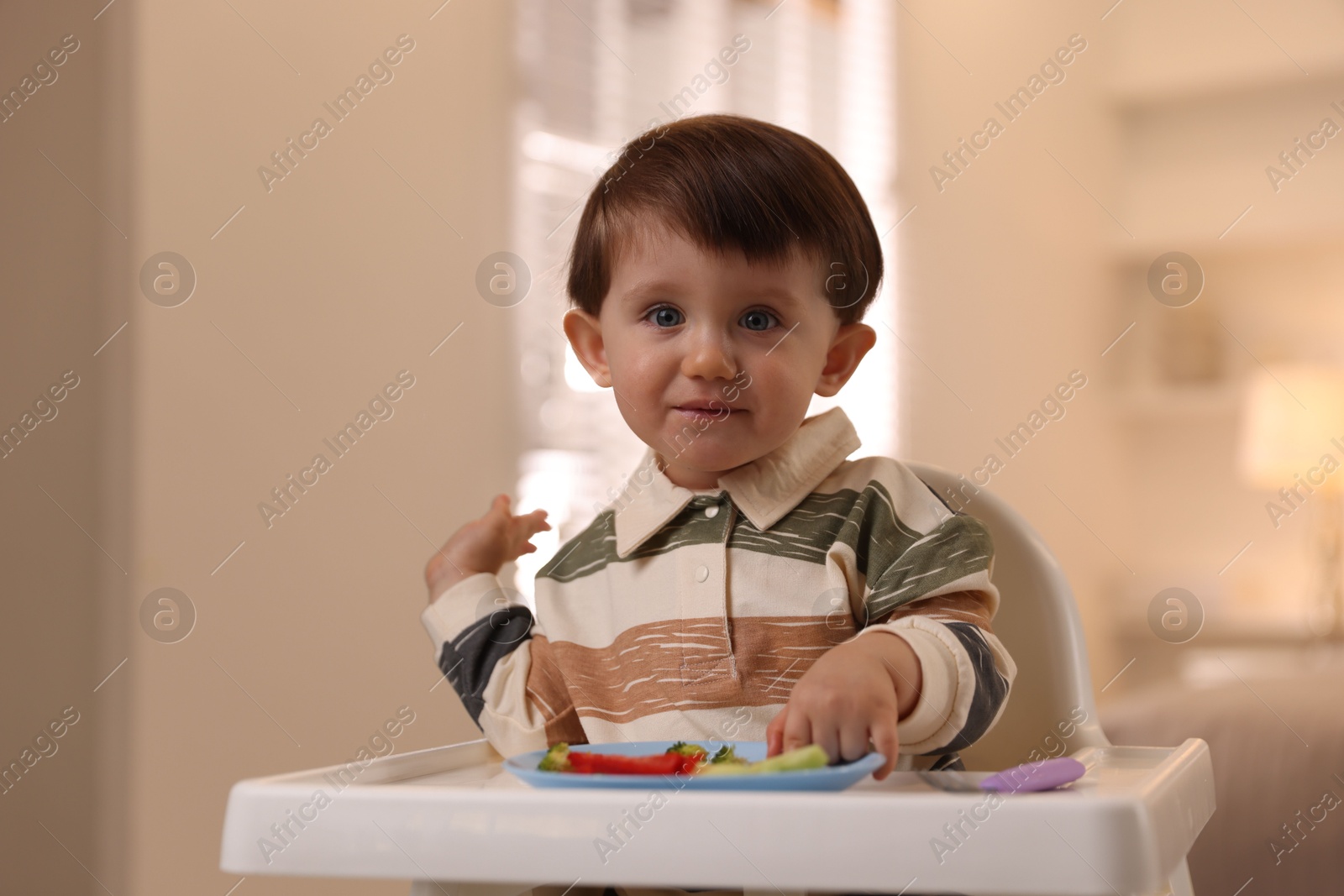 Photo of Cute little baby eating healthy food in high chair at home