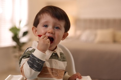 Photo of Cute little baby eating healthy food in high chair at home