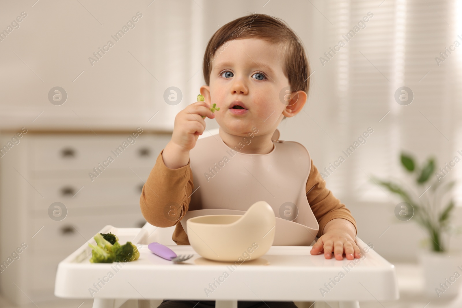 Photo of Cute little baby eating healthy food from bowl in high chair at home