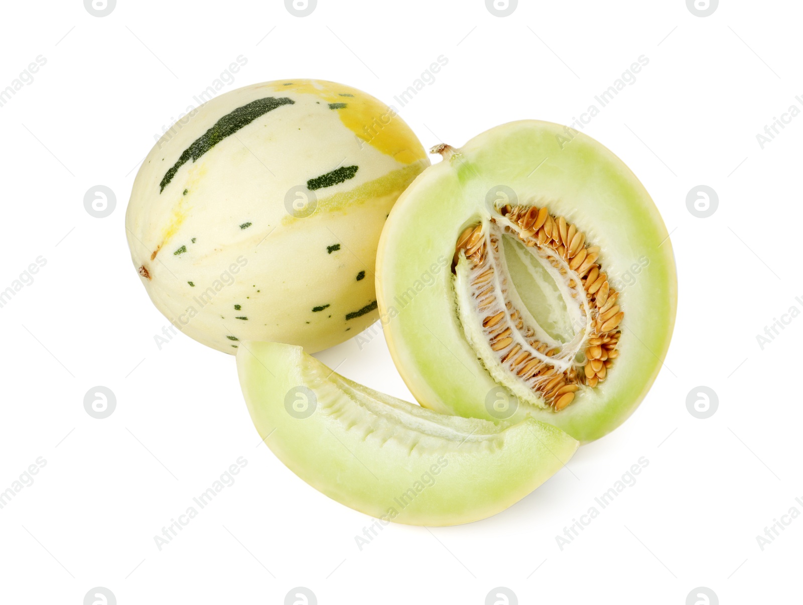 Photo of Whole and cut fresh ripe honeydew melons isolated on white