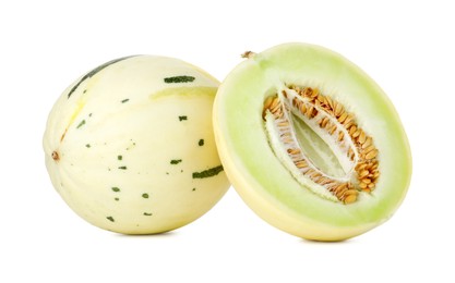 Photo of Whole and cut fresh ripe honeydew melons isolated on white