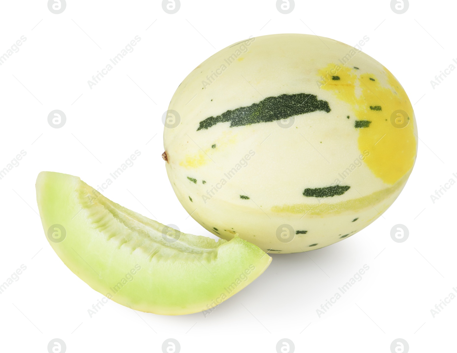 Photo of Whole and cut fresh ripe honeydew melons isolated on white