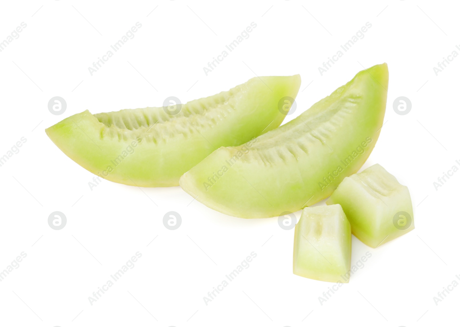 Photo of Pieces of fresh ripe honeydew melon isolated on white