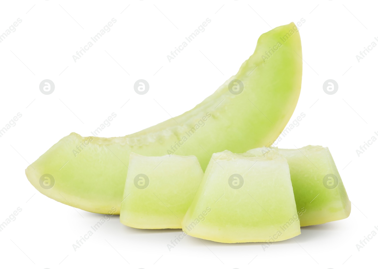 Photo of Pieces of fresh ripe honeydew melon isolated on white