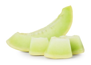 Photo of Pieces of fresh ripe honeydew melon isolated on white