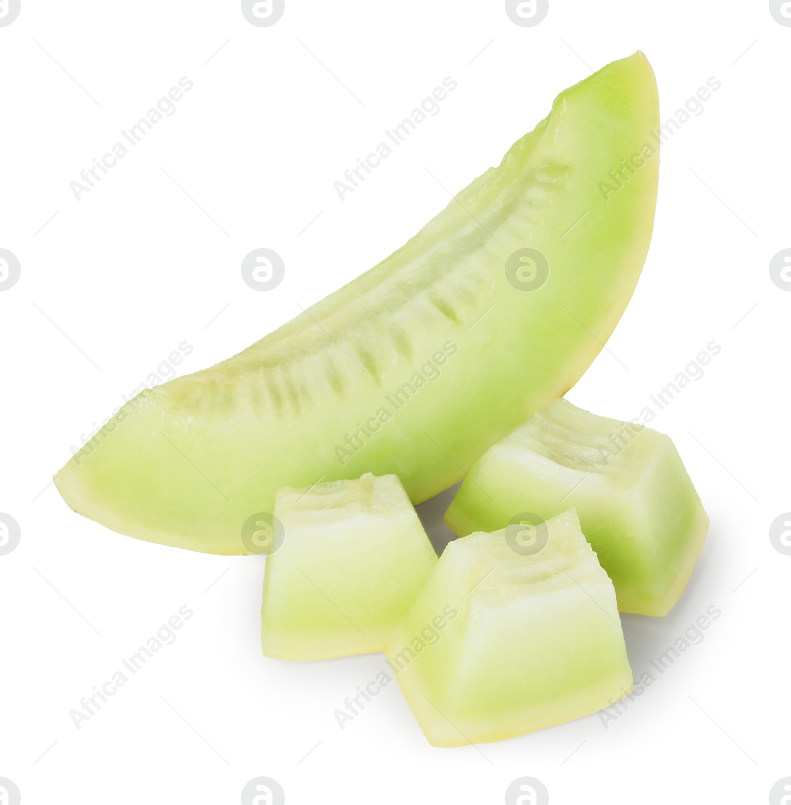 Photo of Pieces of fresh ripe honeydew melon isolated on white